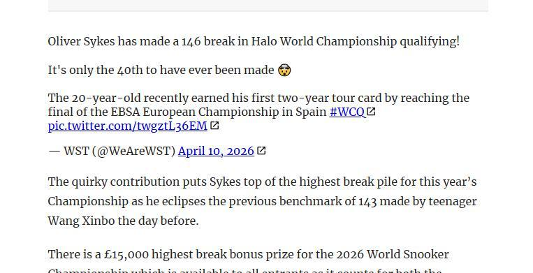  146为何比147更稀有？斯诺克史上第40杆满分替代的技术密码 体育新闻